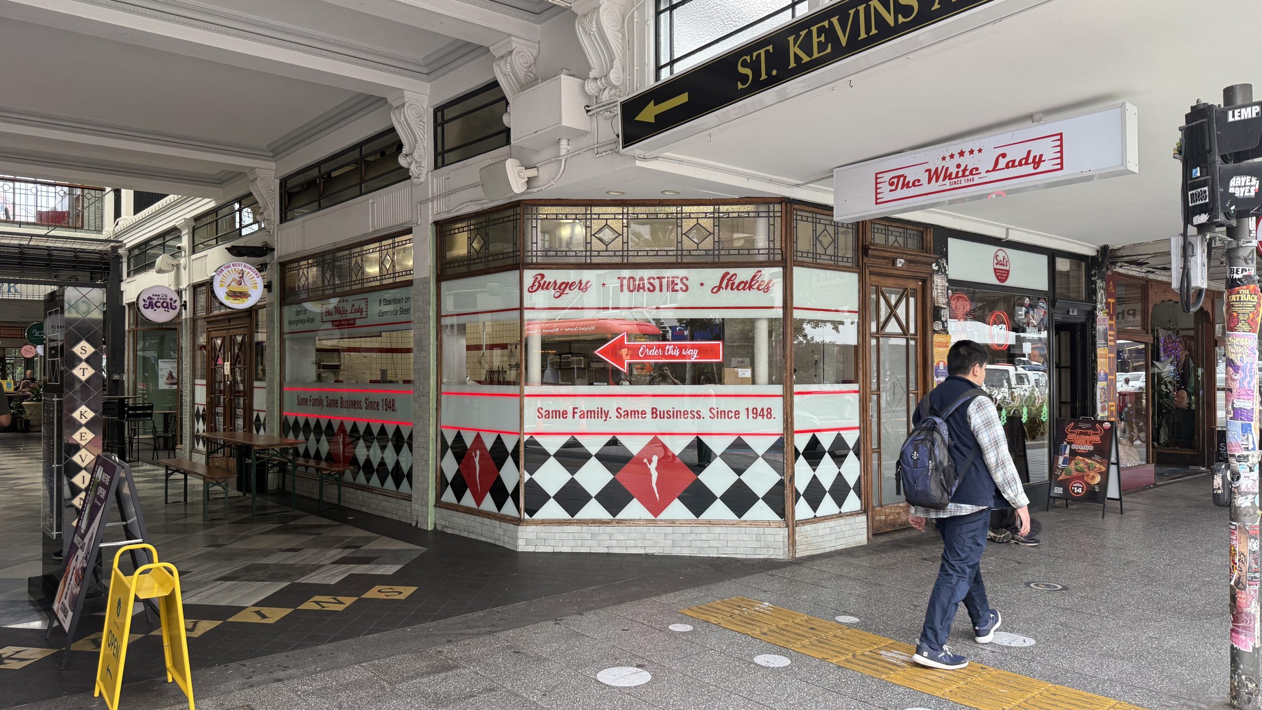 The White Lady Auckland exterior on K Road showing the iconic late night burger spot that has served locals since 1948.